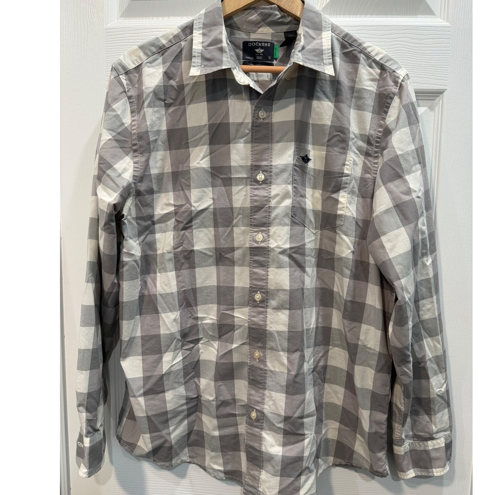 Dockers Mens Grey White Buffalo Plaid Long Sleeve Button Down Shirt Large Office
